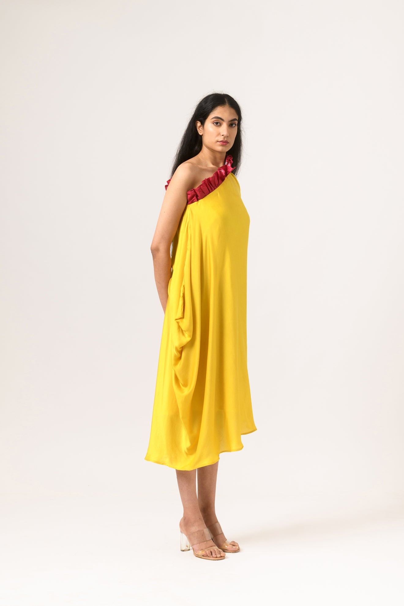 Wine-Yellow One Shoulder Dress - CiceroniNeora