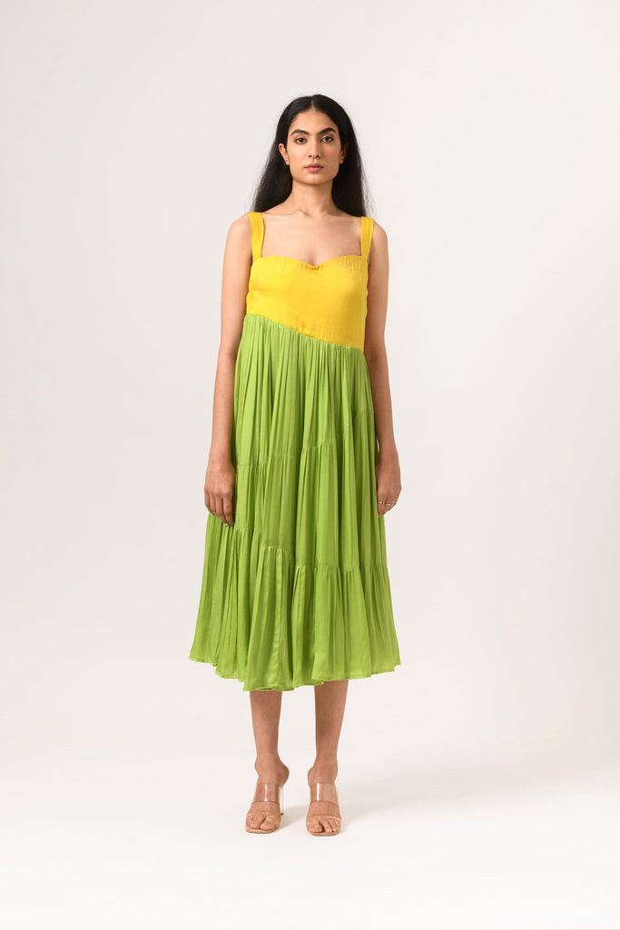 Yellow-Green Asymmetrical Gather Dress - CiceroniNeora