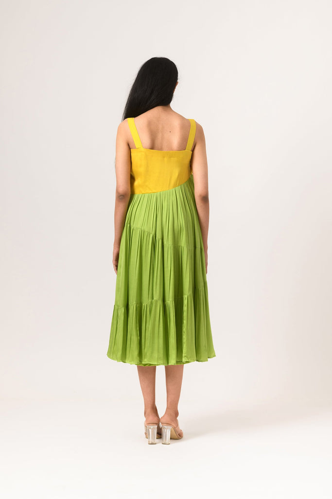 Yellow-Green Asymmetrical Gather Dress - CiceroniNeora