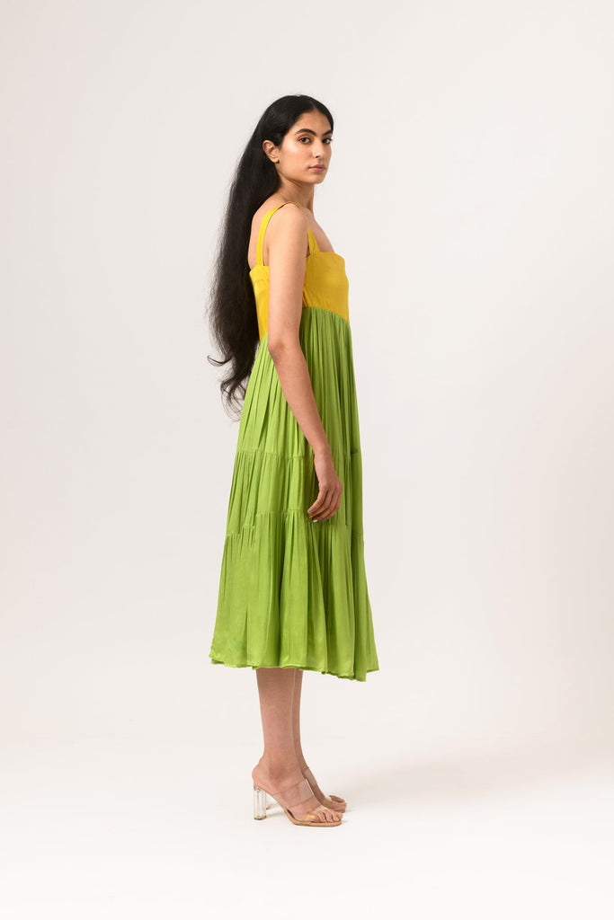 Yellow-Green Asymmetrical Gather Dress - CiceroniNeora