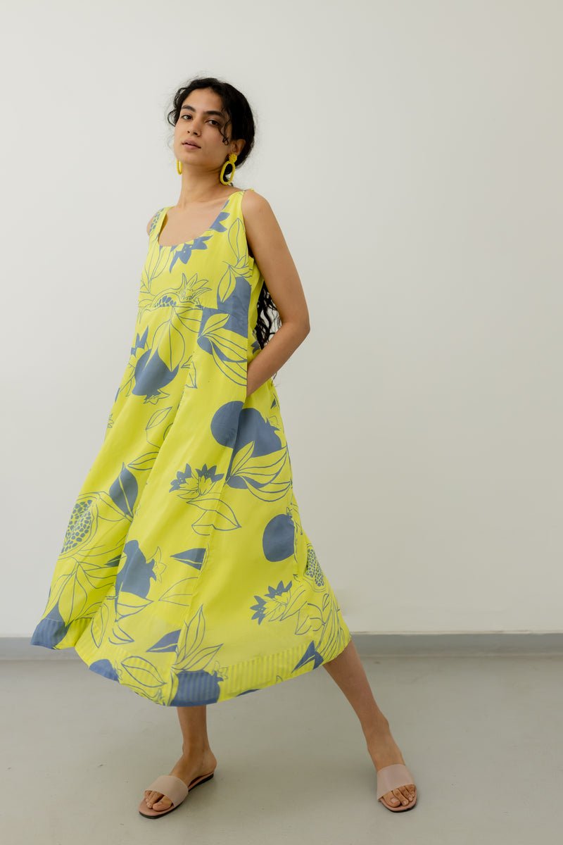 Yellow Grey Pomegranate Print Dress - CiceroniDressesSilai Studio