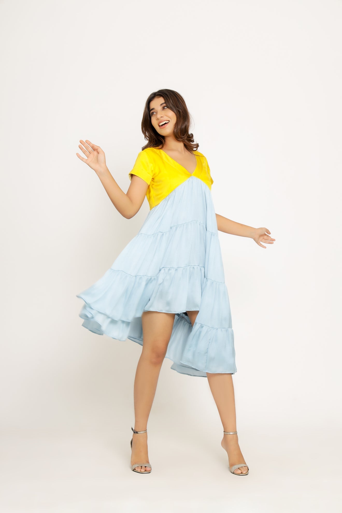 Yellow-Ice Blue Mid Length Dress - CiceroniNeora