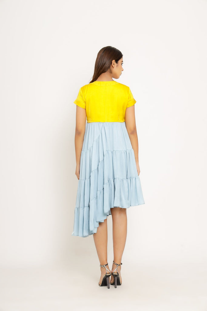Yellow-Ice Blue Mid Length Dress - CiceroniNeora